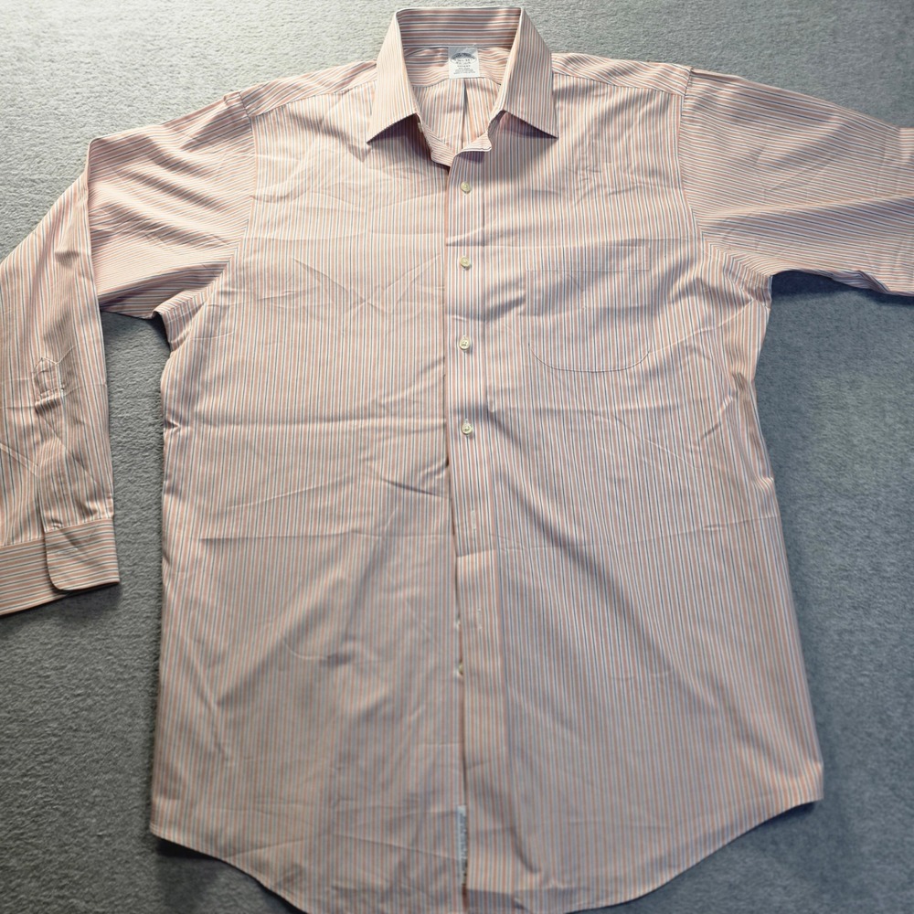 Brooks Brothers Regent Mens 16.5 34 Non Iron Shirt‎ Orange Blue Striped Cotton